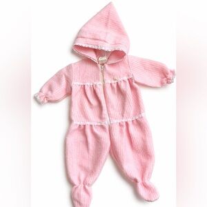 Vintage 80s Signature Pink Hooded Lace-Trim Footie One-Piece